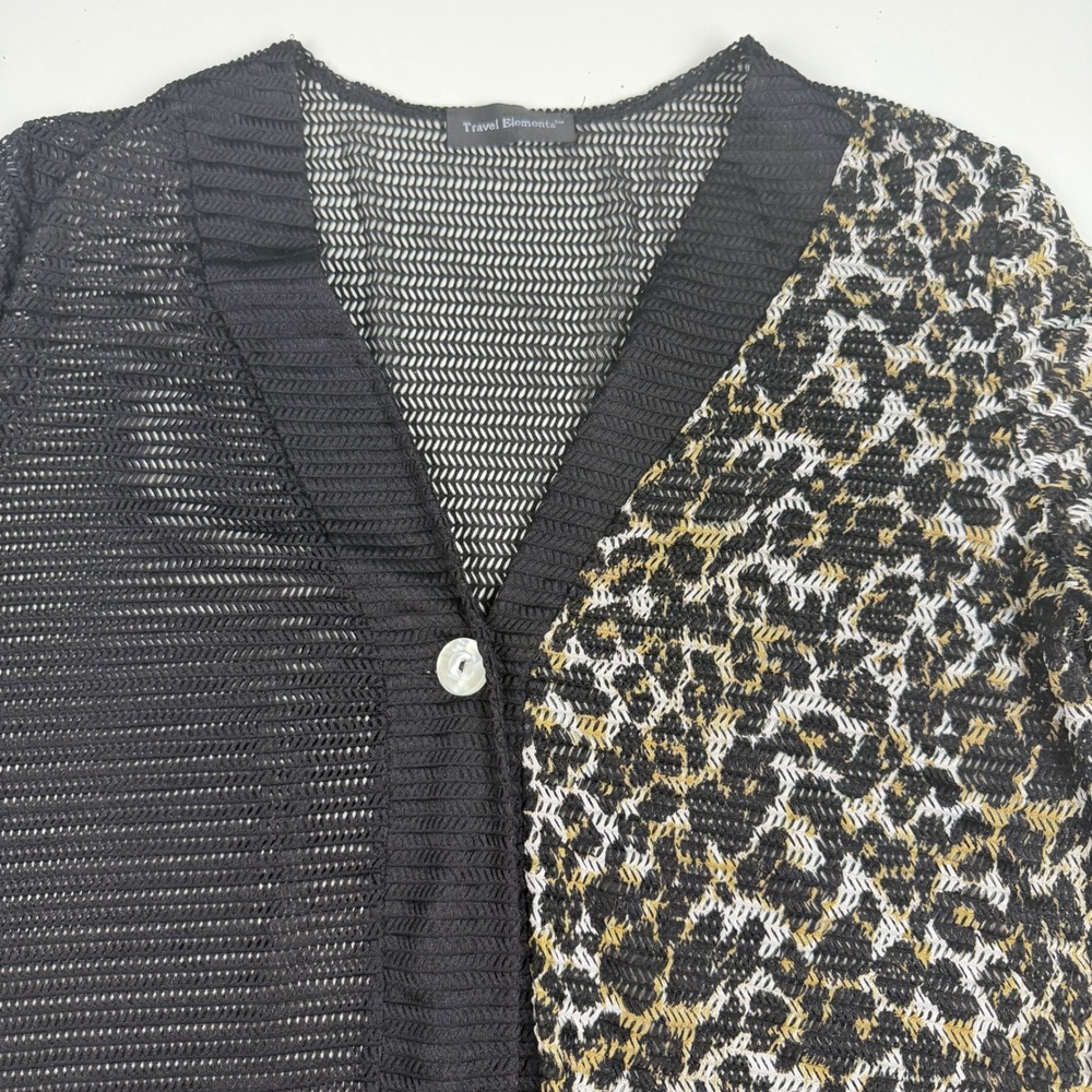 Women Leopard Print Sheer Lightweight Mesh Cardigan Black Pockets Large - Picture 2 of 14